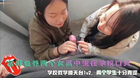 富哥包养两个女高中生在学校口交，学校教学楼天台1v2，两个学生十分青涩。